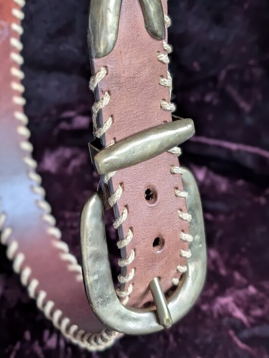 Vintage Brass and Leather Belt with Rope Edge - handsome & thick - 32\